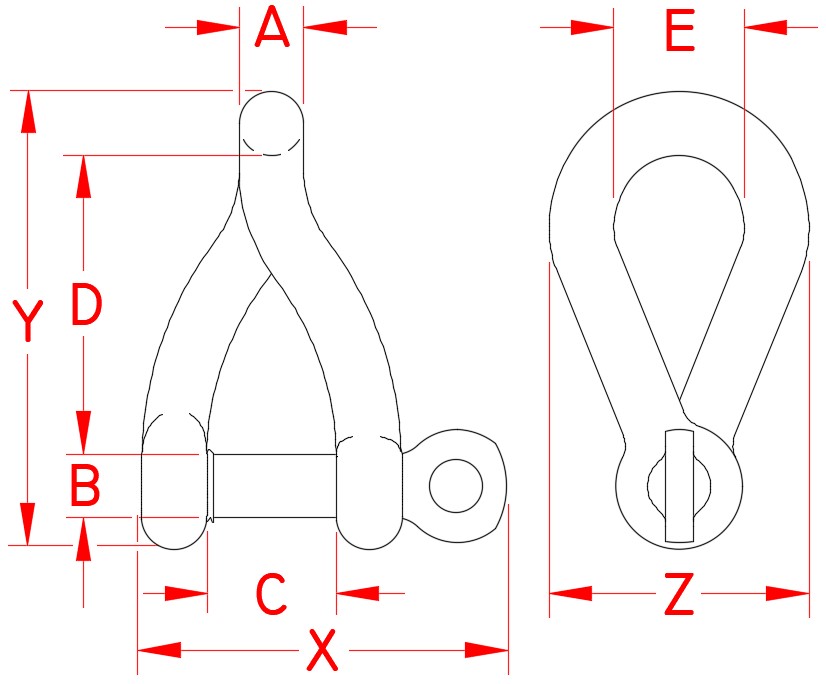 Stainless Steel Twist Shackle with Captive Pin, S0163-CP06, S0163-CP08, S0163-CP10, Line Drawing